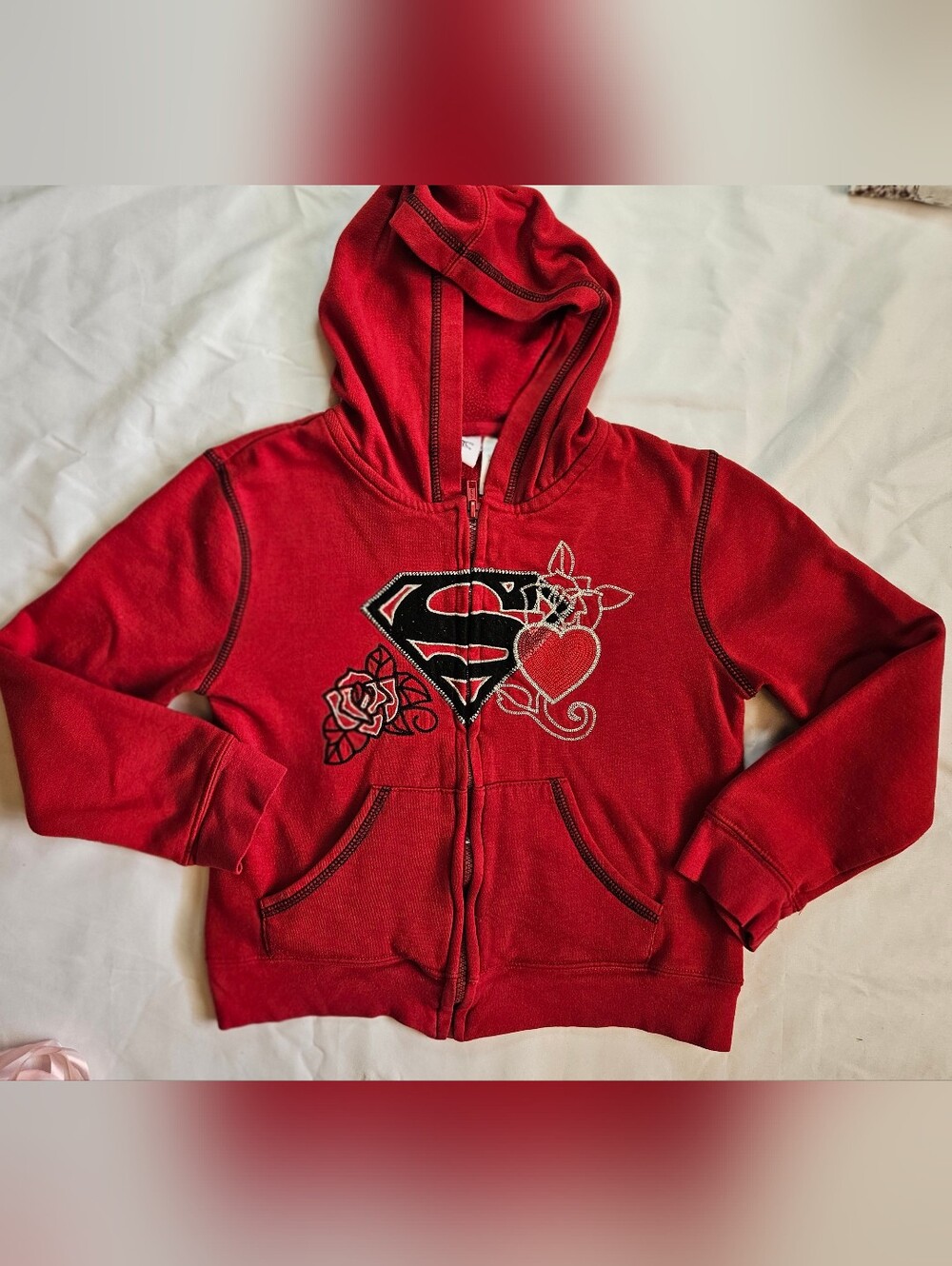 Supergirl Girls Red Long Sleeve Black Insignia Full Zipper Hoodie Size Large